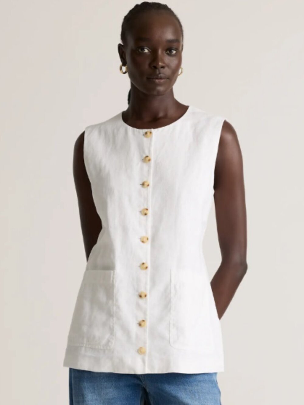 Quince 100% European Linen Longline Vest White - Small